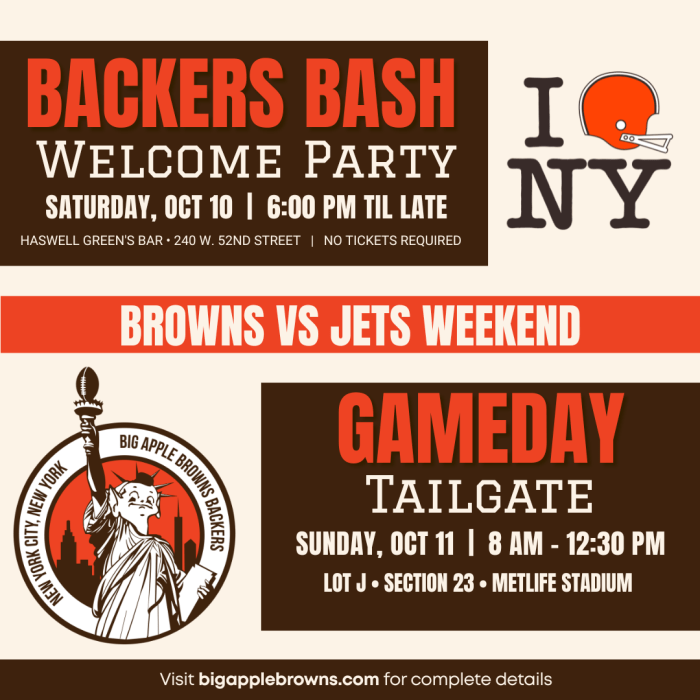 NYC Browns Backers Party & Tailgate Info vs Jets Oct 11
